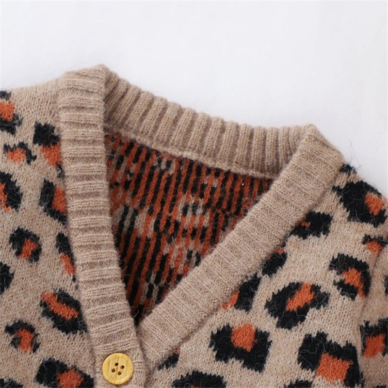Kinderen luipaardprint trui gebreide cardigan winter baby kinderen meisjes warme trui jas peuter meisje dikke jas