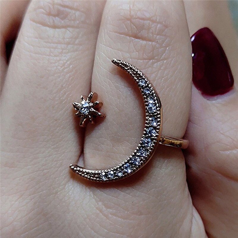 Skinnende ring halvmåne & lille stjerne blændende justerbar åben fingerring ringe i enkel stil til kvinder
