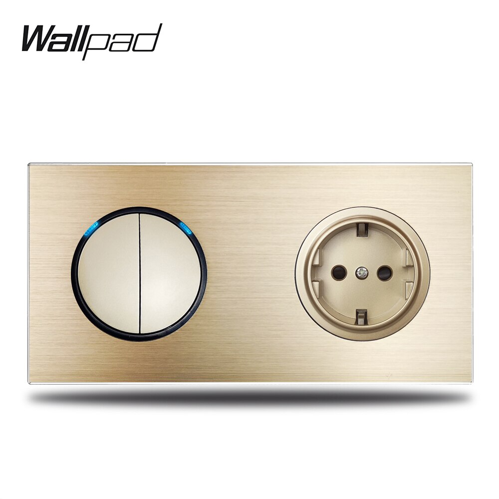 Wallpad L6 Gold 2 Gang Light Switch Blue LED Indicator with EU Electric Power Socket Gold Brushed Aluminum Metal Panel