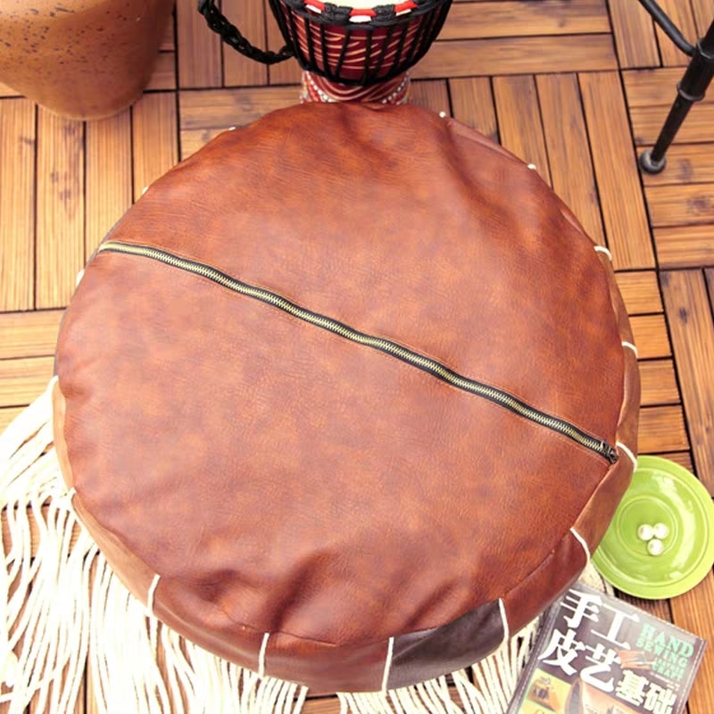 Pouf en cuir PU marocain, coussin non rembourré, repose-pieds, broderie artisanale, Pouf rond et grand, 50*50*25cm