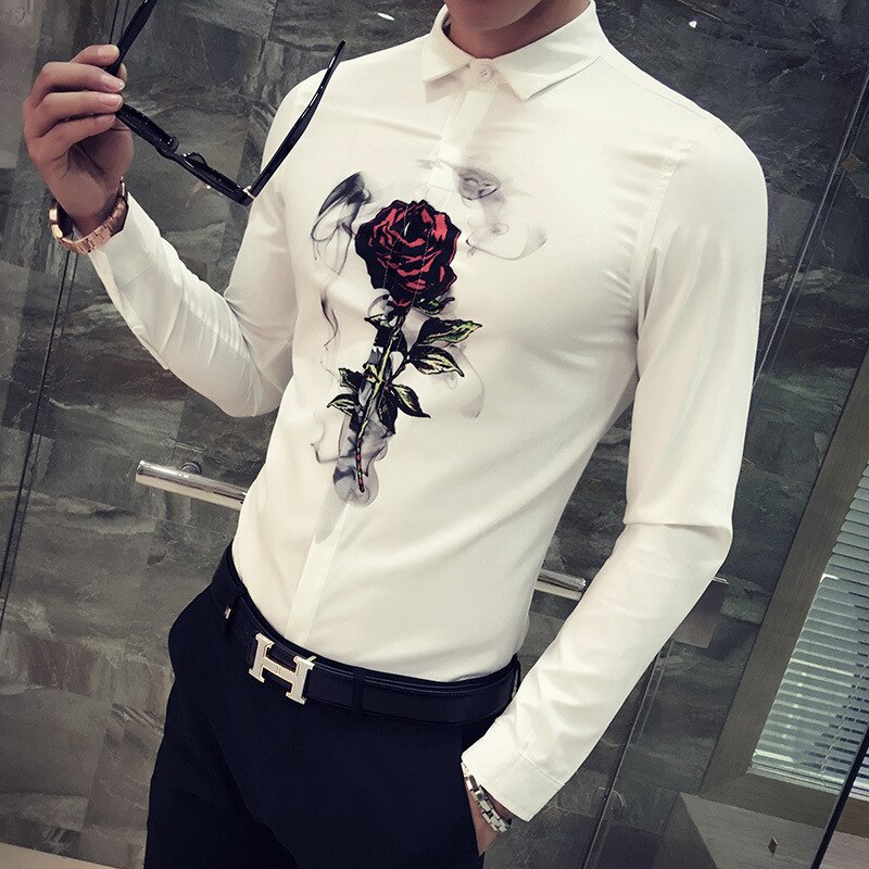 Camisas ajustadas coreanas para hombre , camisetas sociales informales con estampado Digital de manga larga para Club nocturno o , Camisa Masculina