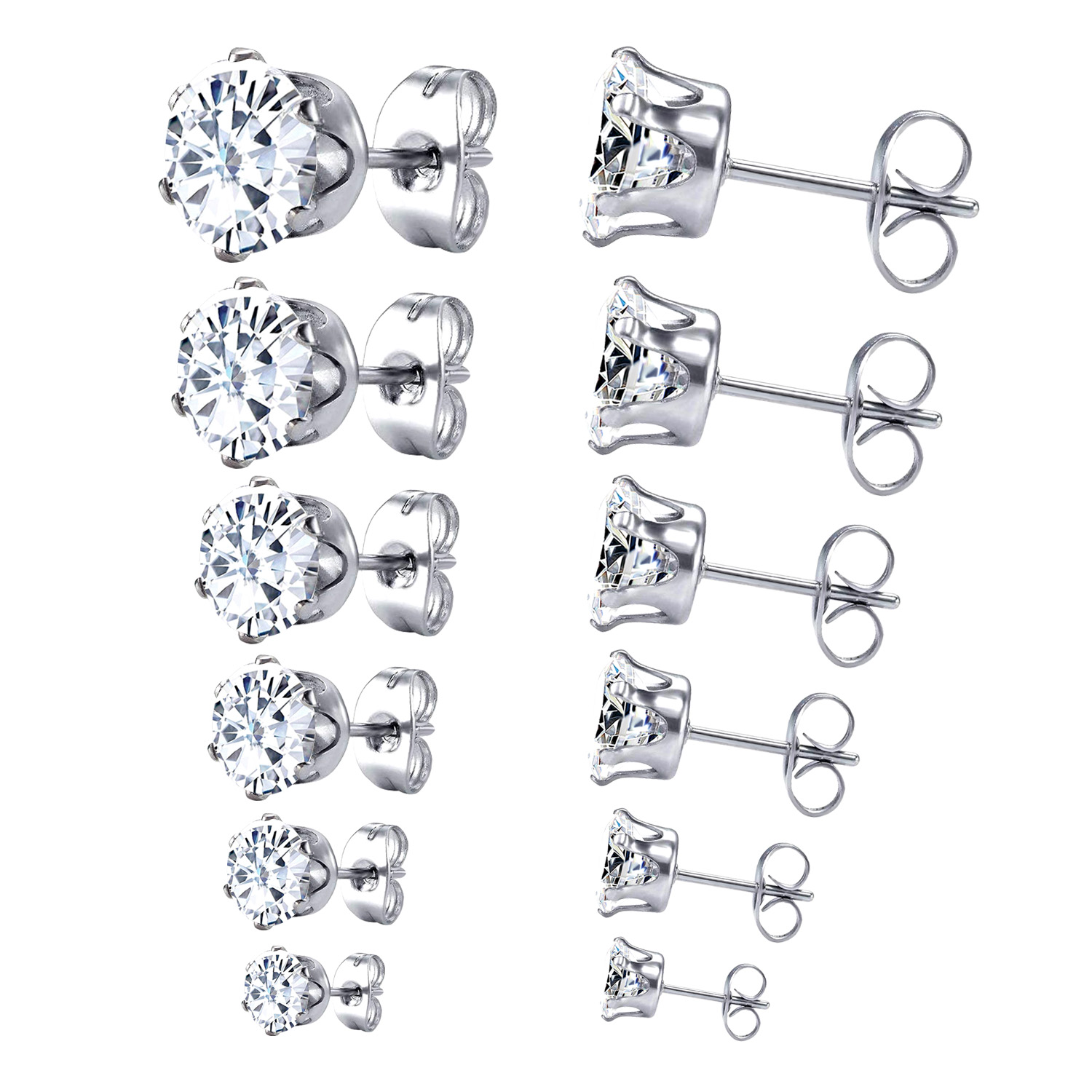 LUXUSTEEL 6 Paare/einstellen CZ Ohrstecker Edelstahl rund weiß Zirkonia hypoallergen 6 Krallen Ohrring trendiger Schmuck: Gold-farbe