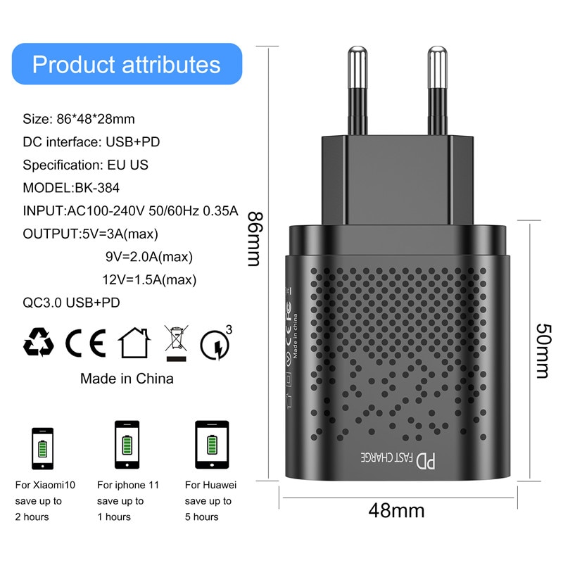 USLION EU/Us-stecker PD USB Ladegerät 18W 3A Quik Ladung 3,0 Handy Ladegerät Für iPhone 12 samsung Xiaomi Schnelle Wand Ladegeräte