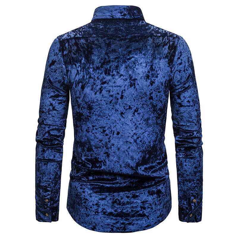 Królewski niebieski aksamit welurowa koszula mężczyzna 2019 jesień nowy slim fit z długim rękawem męskie ubranie koszule Casual w całości zapinana na guziki koszulka Homme