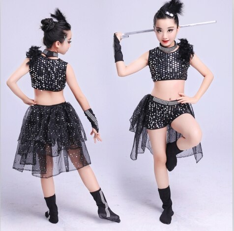 Barn jazz dans kostym navel exponerad barn modern scen shower kläder paljetter flickor pojke hip hop dans kostymer outfit