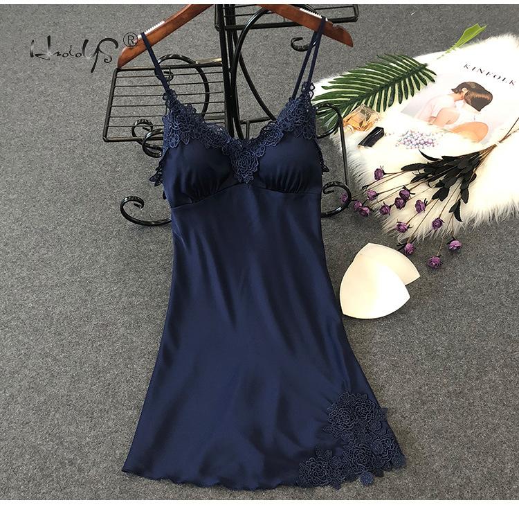 Women Silk Sleepshirts Lace Babydoll Lingerie Satin Chemise Nightgown V Neck Sleepwear Nighty Nightgown wWith Chest Pad Homewear: Blue / L