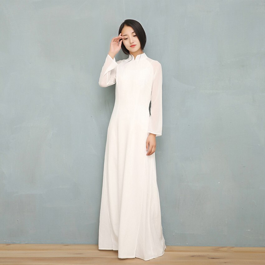 Vestido blanco liso de gasa para mujer, Cheongsams chinos de manga larga, estilo Oriental, 2022