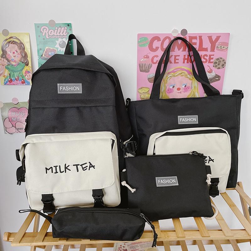 Mochila Oxford Harajuku para chica, bolso escolar de gran capacidad, bolsas para libros de estudiantes, 4 piezas: Black