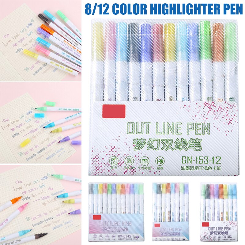 Surligneur à Double ligne pour dessin, 8/12 couleurs, stylo d'art pour bricolage, artisanat, coloration, peinture, croquis NI