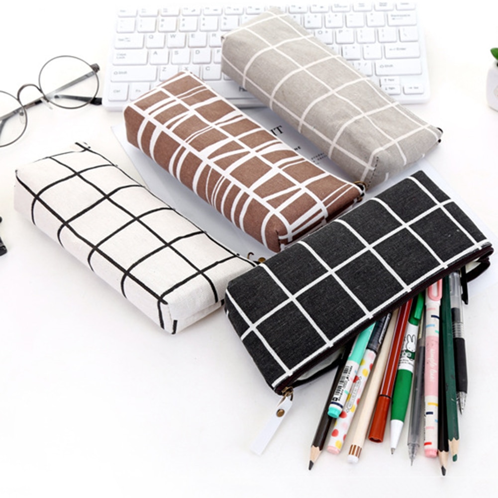 Simple Plaid Solid Color Pencil Case Canvas Organizer Pouch School Supplies Cute Stationery School Pencil Box Pen Bags