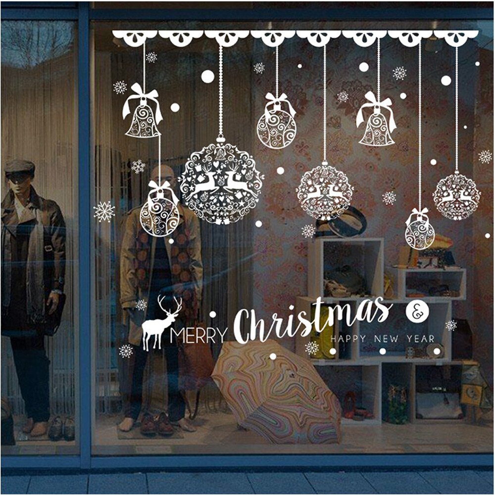 Muurstickers Pvc 70X50cm Wit Waterdicht Kerst Etalage Decoratie Muur Verwijderbare Stickers Christmas Bells Herten Diy