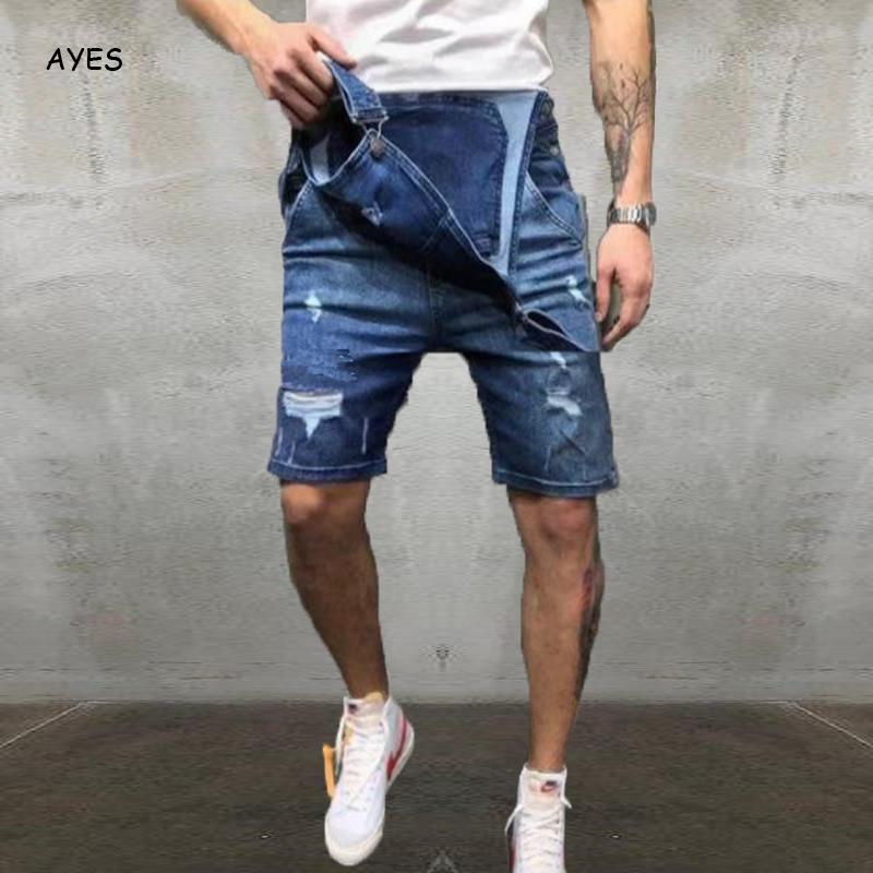 Mode Mannen Korte Ripped Jeans Jumpsuits Shorts Verontruste Shorts Bib Overalls Mens Casual Jarretel Broek Shorts Mannelijke