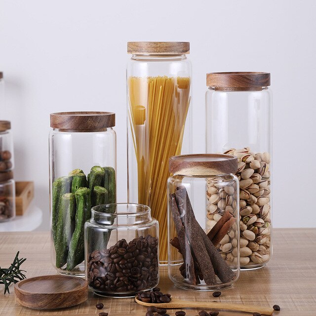 Holz Deckel Glas Luftdichten Kanister Küche Lagerung Flaschen Gläser Lebensmittel Container Körner Tee Kaffee Bohnen Körner Süssigkeit Krug Container