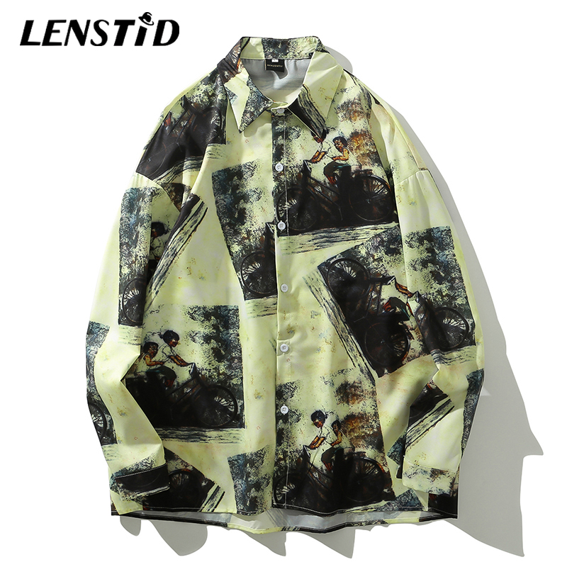 LENSTID Men Harajuku Bike Kid Funny Print Loose Shirt Hip Hop Streetwear Long Sleeve Hawaiian Thin Shirt Autumn Casual Tops