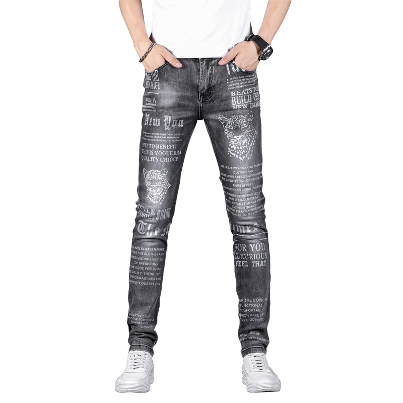 Mens Letter Leopard print Jeans Newspaper Painted Men Black Hip Hop Trousers Skinny Casual Stretch Cotton Denim Pants