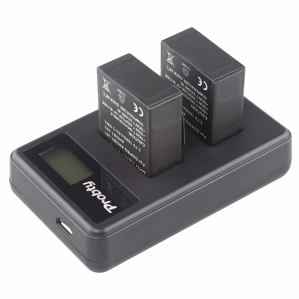 PROBTY 2x 1600mAh AHDBT-301 Battery + LCD Dual Charger + 2-Port USB Plug For GoPro Hero 3 Hero 3+ Camera Accessories
