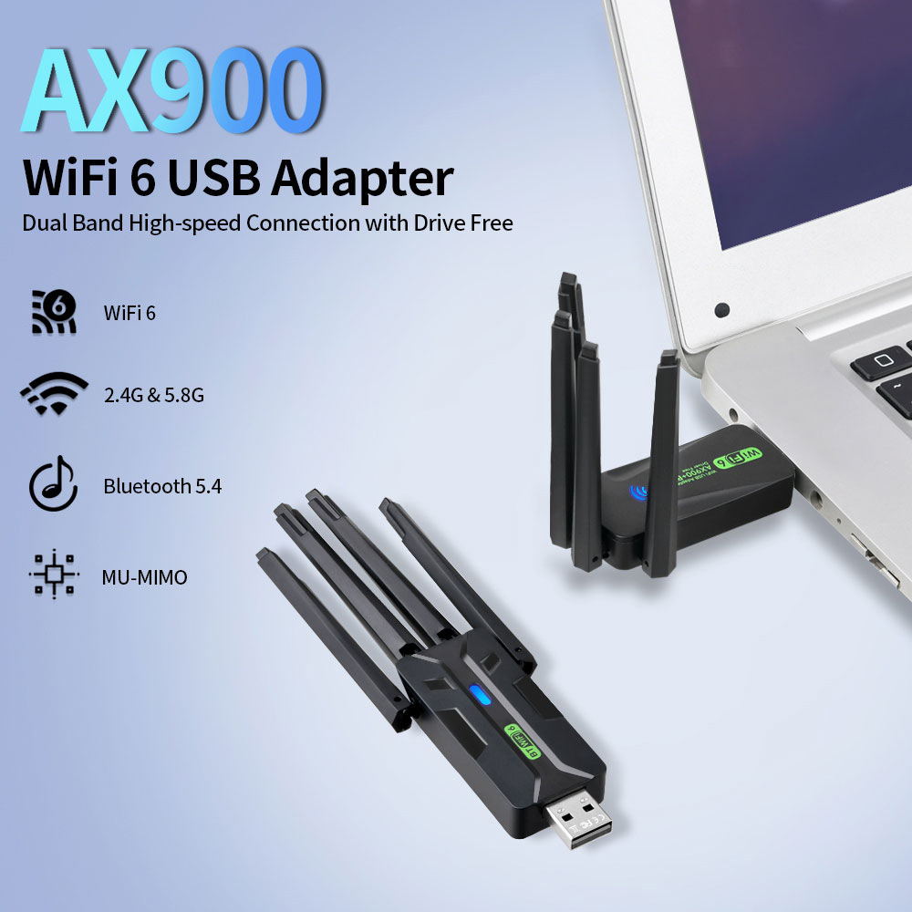 WiFi 6 AX900 USB Adapter Bluetooth 5.4 Dual Band 2.4G 5G 4 Antennas WiFi6 USB Network Receiver Dongle Driver Free Win 10/11