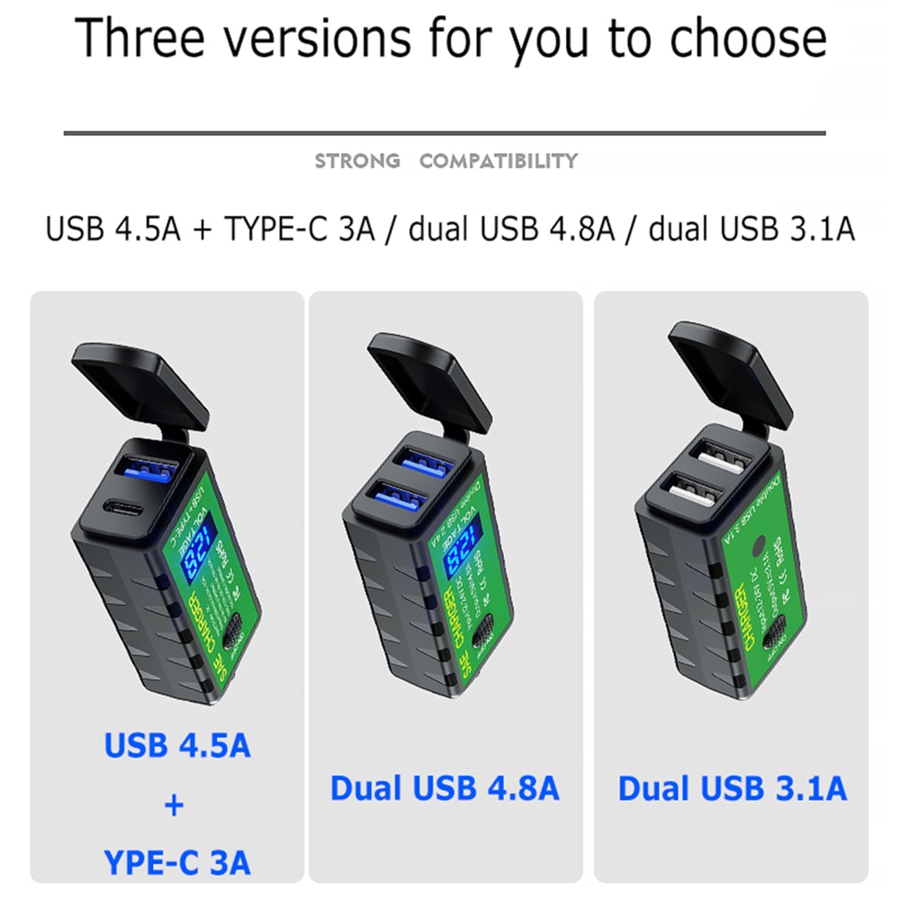 Vattentät motorcykelhandtag dubbel usb typ-c laddare skoter strömförsörjning uttag med voltmeter  qc3.0 snabbladdare