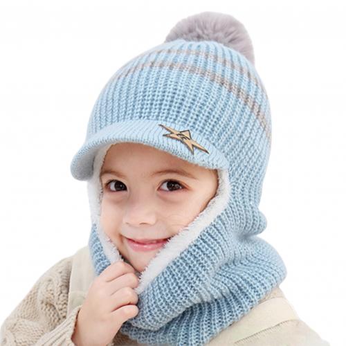 Unisex print børn vinter hatte plys vindtæt varme børn drenge piger pompon hat randen tørklæde hoved cap skullies beanies: Blå