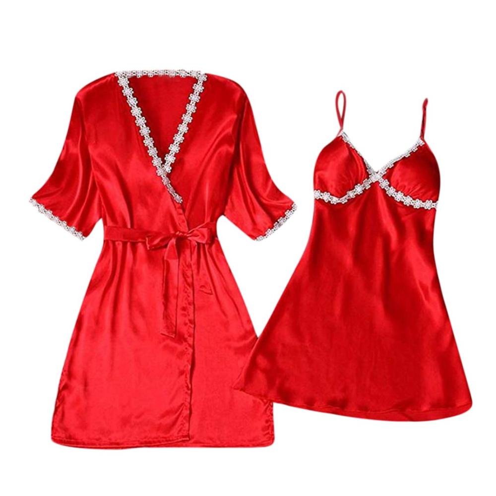 2 Pcs Vrouwen Sexy Satijnen Nachtkleding Babydoll Lingerie Nachthemd Pyjama Set Bruid Gewaden Kimono Robe Satijn Zijde Nacht Nachtkleding: Rood / L
