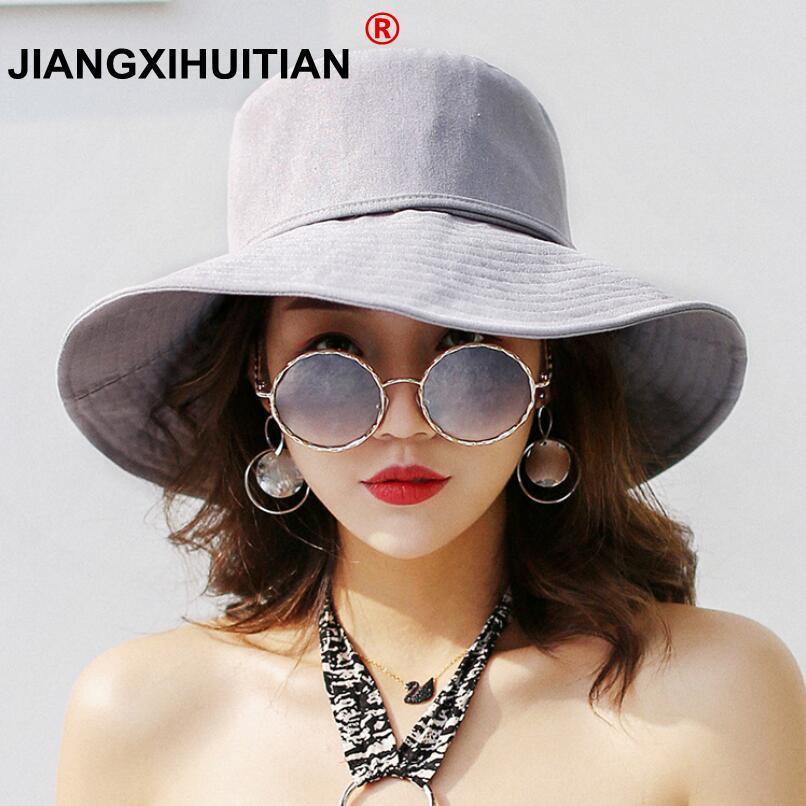 Primavera Verano sombreros de Sol para las mujeres grandes ala ancha de algodón sombrero de cubo para playa Panamá sombrero visera mar Chapeau Femme
