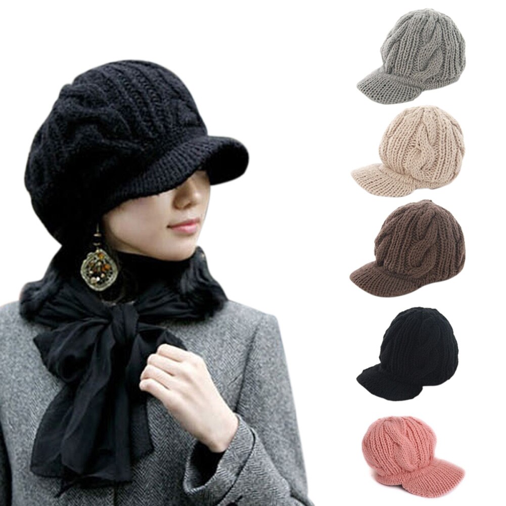 Women Peaked Cap Hat Winter Warm Caps Knitted Headwear Outdoor Hats XIN