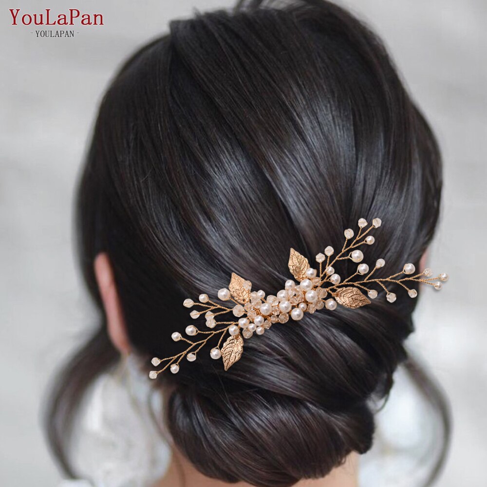 Topqueen  hp180 bryllup hårnåler krystall bryllup kam gyldne gjennombrudd blader brude bryllup tilbehør perle brude hårspenner