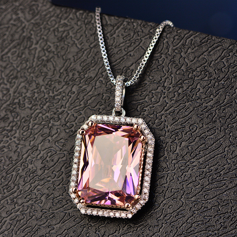 Vintage Pendant For Women Big Square Pink S925 Sterling Created Topaz Cubic Zirconia Necklace Temperament Fine Jewelry No Chain