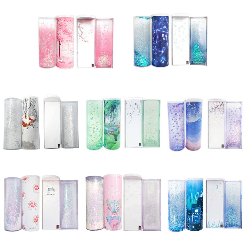 Quicksand Translucent Pencil Case Multifunction Cylindrical Calculator Stationery School Pen Holder DXAB
