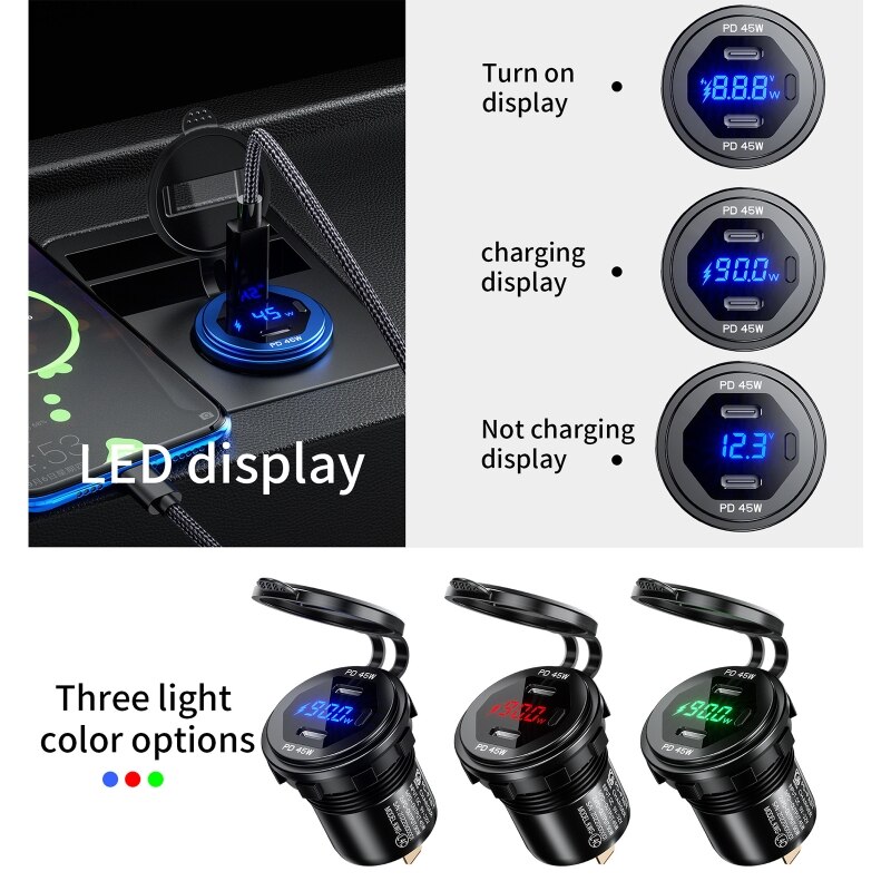 12v-24v dual 45w type c usb c pd fast car phone charger with led voltmeter switch for mobile phone, tablet, laptop