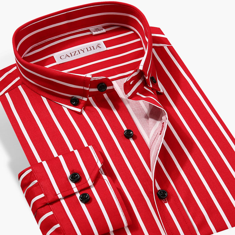 Lange Mouw 100% Katoen Hoogwaardige Mannen Gestreepte Jurk Shirt Button-Down Standaard-Fit Rood Blauw Zachte stof Mannelijke Smart Casual Shirt