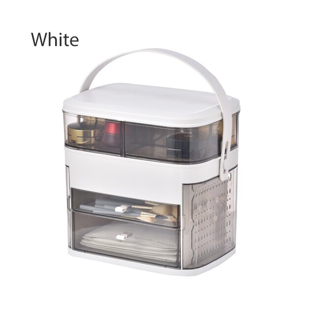 Organizador de maquillaje con espejo de tocador, espejo de maquillaje con luz LED ajustable, joyería, lápiz labial, contenedor cosmético, resistente al agua: White