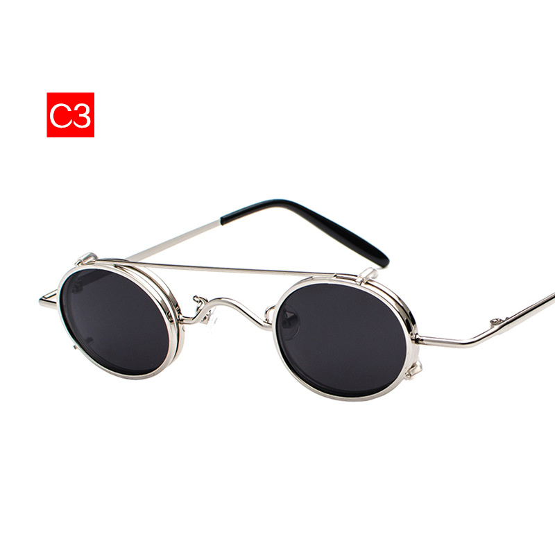 Oulylan kleine ronde steampunk zonnebril voor heren, retro vintage metal punk clip-on zonnebril voor heren, kleine ovale bril  uv400: C3