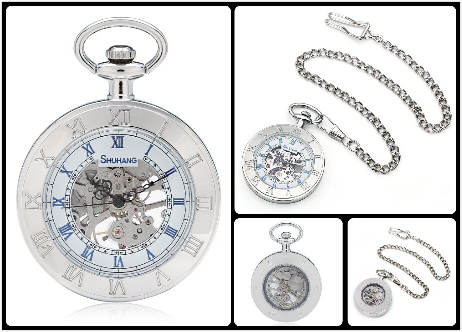 SHUHANG Mens Skeleton Zakhorloge Mechanische Beweging Hand Wind Romeinse Cijfers Vintage Stijl Reloj De Bolsillo: SH017