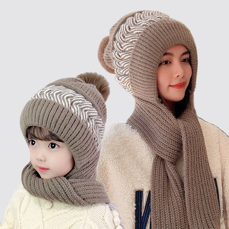 Gorro de lana de punto para mujer, bufanda rosa, versión coreana, versátil, conjunto de gorros para padres e hijos, 2022