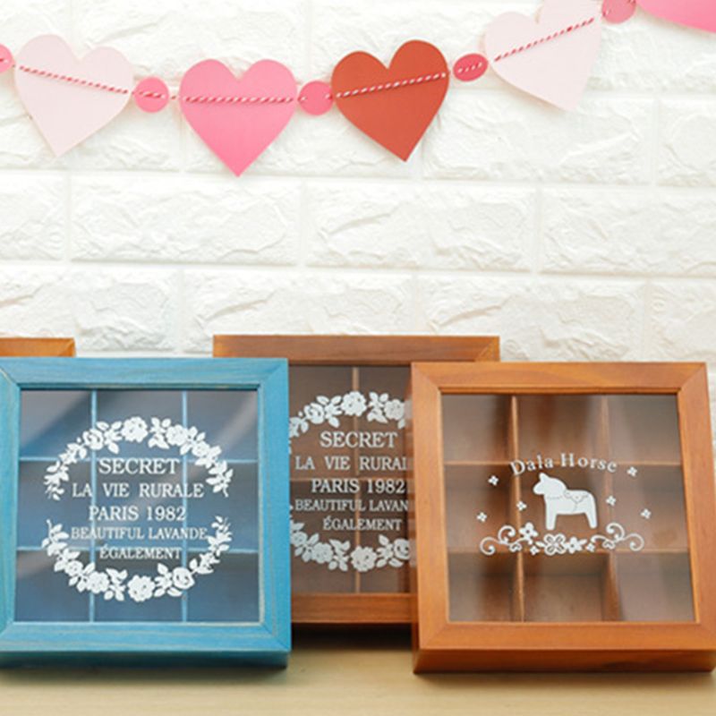 Wooden Retro Old 9 Grid Storage Rose Print Box Succulent Plants Flip Flower Square Acrylic Multi-function Desktop Storage Box