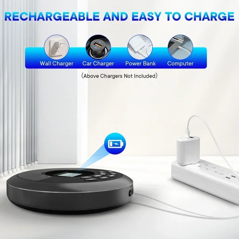 Bluetooth-CD-Player, tragbar, wiederaufladbar, Discman mit Lautsprechern und Kopfhörern, Walkman MP3-Player mit USB-Bluetooth-Übertragung
