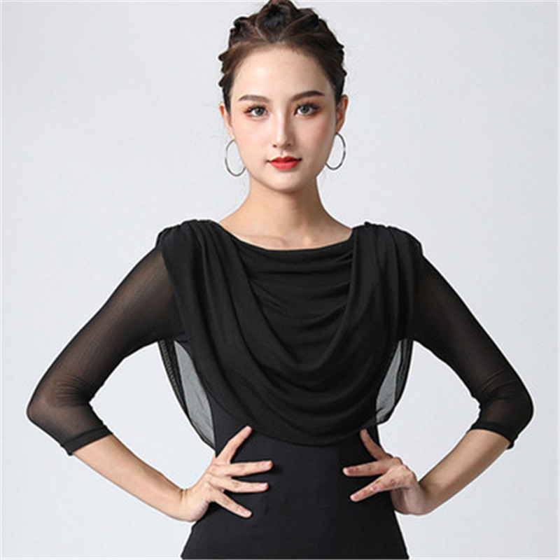 Vêtements de danse latine, chemise de danse standard nationale pour femmes, à manches mi-longues, en maille, de salle de bal moderne, tissu d&#39;exercice à col rond,