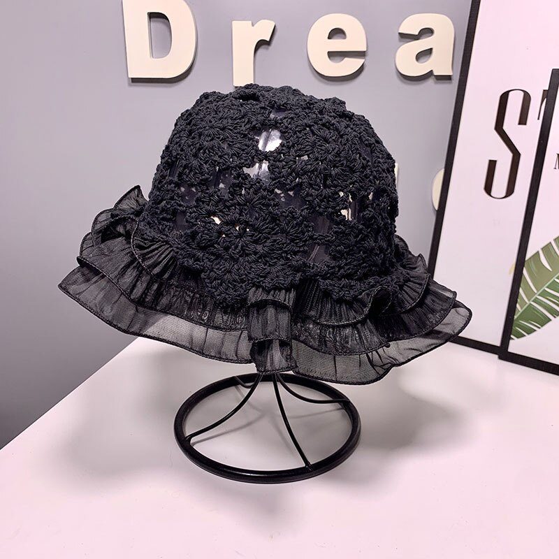 Women Lace Knitted Fisherman Hat Hollow Bucket Hat Crochet Hat Lace Flower Cute Sweet Romantic Sun Hat: black