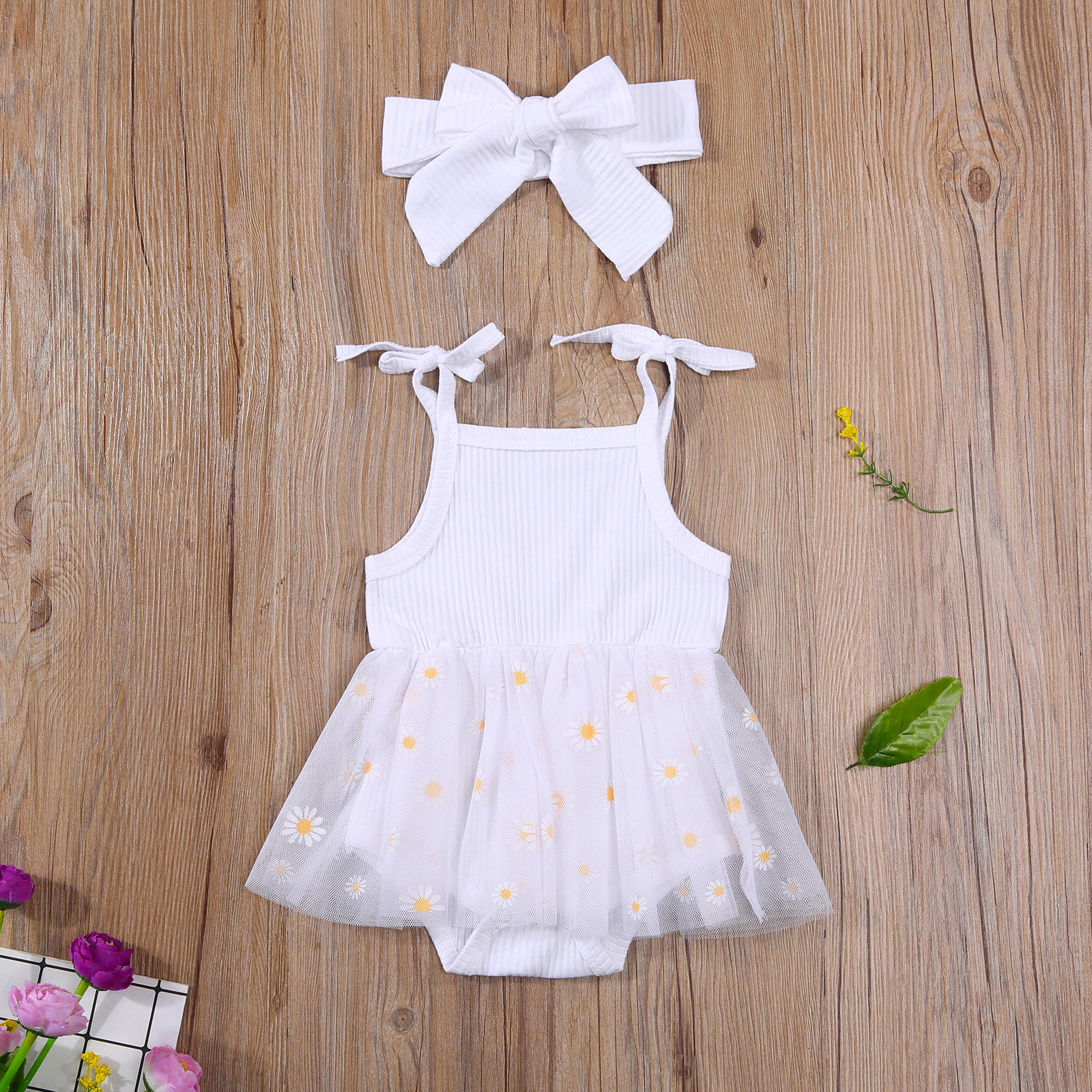 2Pcs Baby Girls Summer Outfits Cute Self Tie Strap Sleeveless Daisy Print Tutu Romper with Headband Set