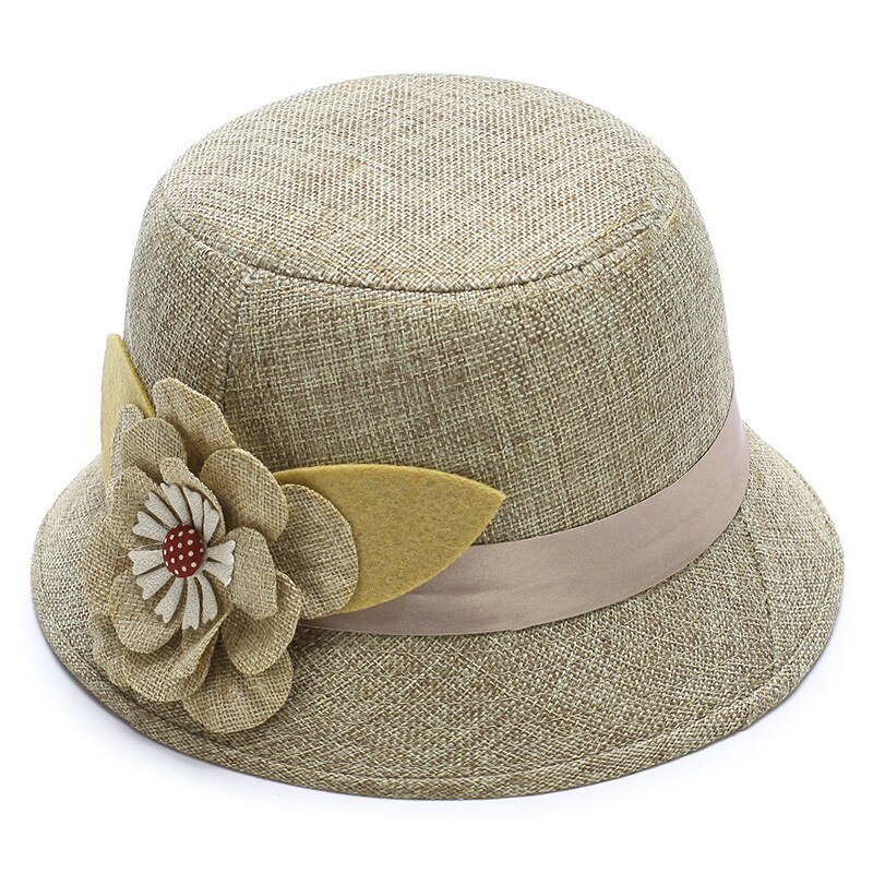 Sombrero de Sol de lino transpirable para mujer, gorro de princesa con decoración de flores grandes, Top plano monocromático a la , primavera y otoño: Caqui
