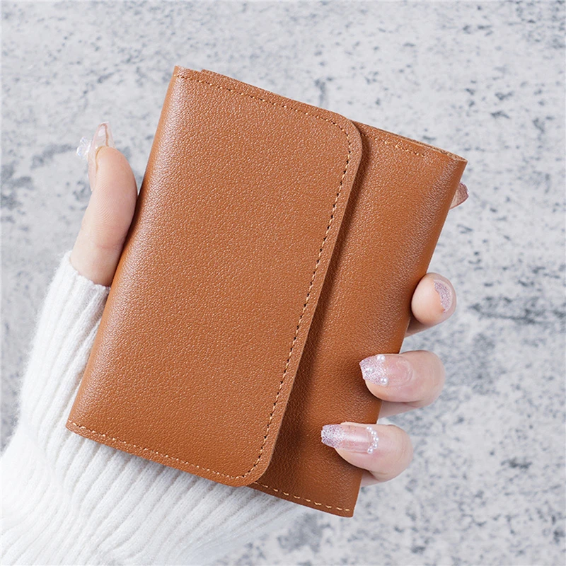 Cute PU Leather Short Wallet for Women Small Hasp Girl Credit Card Holder for Coin Purse Female Wallet Short Purse for Women: Brown