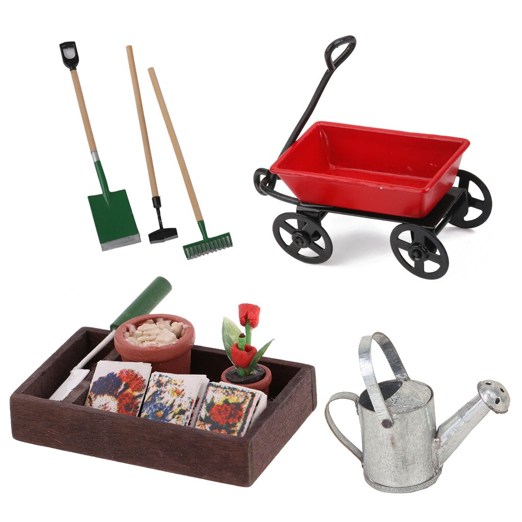 1/12 Dollhouse Miniature Horticulture Box, Pulling Cart & Garden Tools Kids DIY Accessories