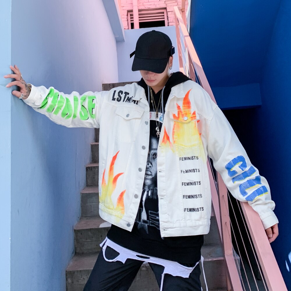 Graffiti Brief Print Denim Jassen Streetwear Hip Hop Casual Punk Rock Jeans Jas Jassen Uitloper Hipster Tops WQ172