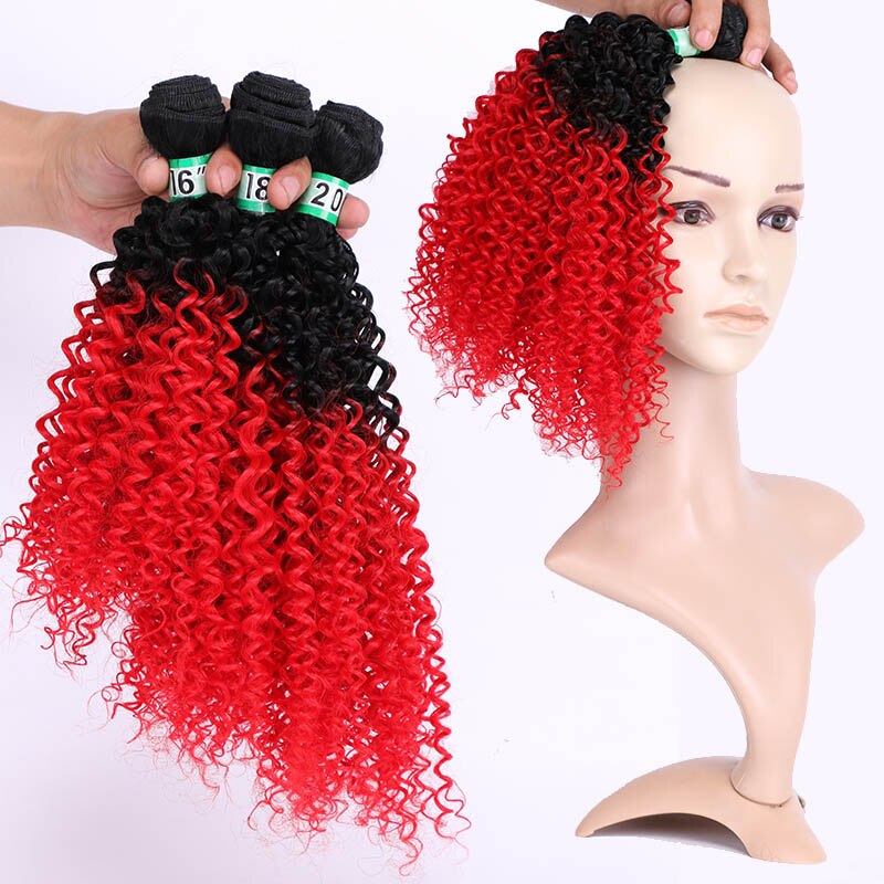 Extensiones de pelo rizado mechones de pelo sintético degradado, 3 unidades, un paquete, para cabello de una cabeza, tejido de sueño, hielo: T1B / rojo