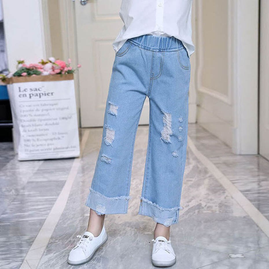 Jeans för flickor hål barn jeans tjejer höstmanschetter barn slitna jeans fritidskläder för flickor 6 8 10 12 14