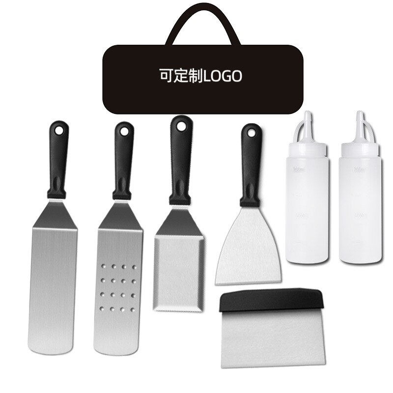 American Teppanyaki Set Beech Wood Handle Barbecue Tool Portable Outdoor Barbecue Shovel BBQ Shovel Cooking Frying Shovel: 8piece plastic handl