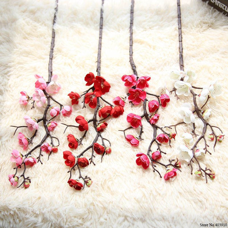 7 stk / lot blomme kirsebærblomster silke kunstige blomster plast stilk sakura træ gren hjem bordindretning bryllup dekoration krans