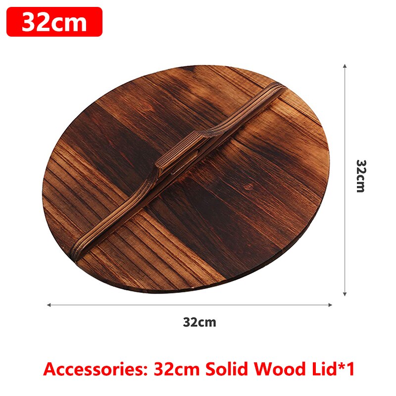 34cm Heavy Iron Wok Traditional Hand-forged Cast Iron Wok Non-stick Pan Non-coating Gas Cooker Kitchen Cookware: 32CM Wood Lid