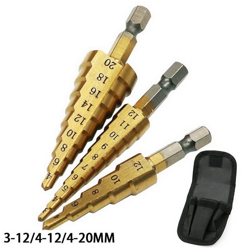 3pc Hss step drill bit set cone hole Taper metric 4 - 12 / 20 / 32mm 1 / 4 "titanium coated metal hex core drill bits: Default Title